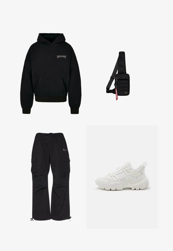 Sort hoodie lavet af en blanding af bomuld, med en lomme foran, ribbede manchetter og et logo i lys grå på venstre brystområde.; Sorte cargobukser lavet af letvægtsstof, med elastisk talje med snøre, sidelommer og justerbare manchetter.; Hvide atletiske sneakers med en struktureret overdel, netpaneler, fremtrædende gummisål og dekorative udsparinger på siden.; Sort skuldertaske lavet af tekstureret stof. Har et lynlåslukket hovedrum, forlom med webbing, justerbar rem og et dekorativt mærke.