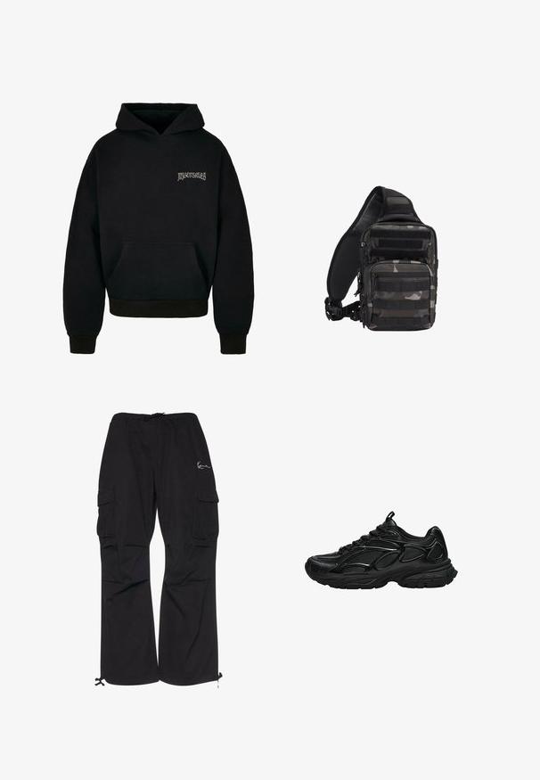 Zwarte hoodie van een katoenmix, met een voorzak, ribgebreide boorden en een lichtgrijs logo op de linkerborst.; Zwarte cargobroek van lichtgewicht stof, met een elastische tailleband met koord, zijzakken en verstelbare manchetten.; Zwarte sportschoen met mesh en synthetische bovenkant, dikke gewatteerde zool en vetersluiting, zijaanzicht op een witte achtergrond.; Compacte zwart-grijze camouflage tactische schoudertas met meerdere met rits afsluitbare vakken en verstelbare gevoerde schouderriem.