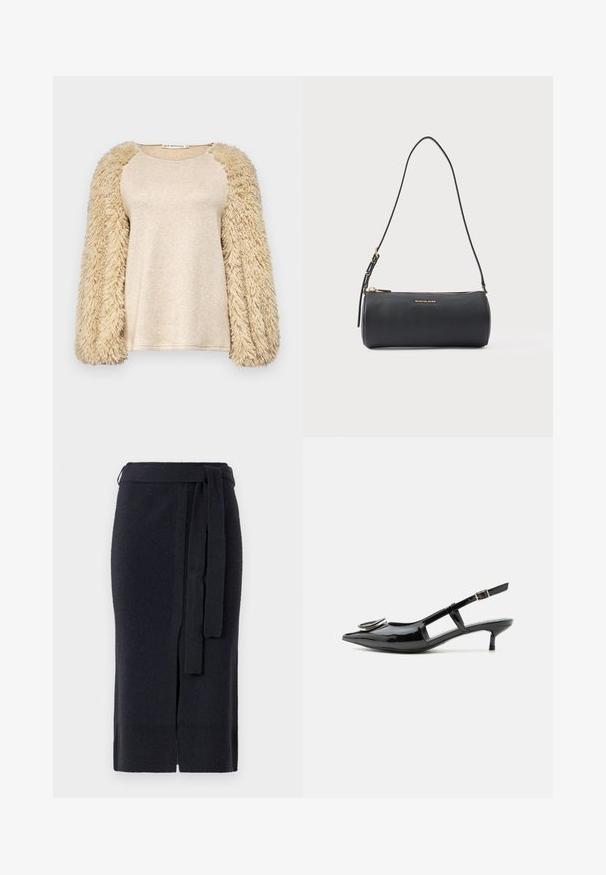 Beige bluse med lange, fluffy ærmer; glat, skinnende kropstekstil; raglanærmedesign; blød tekstur; afslappet pasform; minimalistsk stil.; Knælang, mørkeblå strikket nederdel med en frontslids og matchende bælte i taljen.; Sort laklæder slingback-sko med kitten-hæl, spids tå, udskårne sider, spænde rem og cirkulært metal detalje på tåen.; Sort cylindrisk læder skuldertaske med gyldent lynlås og "Michael Kors" logo foran, justerbar rem med spænde.
