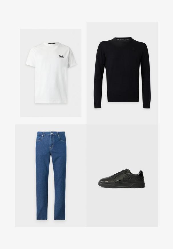 Pull noir à manches longues et col rond avec une broderie subtile du logo sur la poitrine et le nom de la marque visible à l’intérieur du col.; T-shirt blanc à manches courtes et col rond avec petit logo noir "KARL LAGERFELD" sur la poitrine gauche.; Jean denim bleu à jambes droites avec fermeture par bouton et zip à l'avant, poches avant et arrière, présenté sur un fond blanc uni.; Baskets basses noires avec des panneaux texturés, lacets à l'avant, semelle en caoutchouc et logo "KARL" sur le côté et l'onglet du talon.