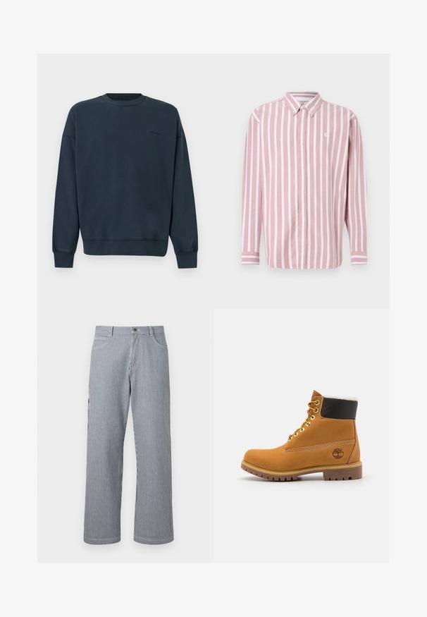Sweat-shirt en molleton bleu marine foncé avec un col rond côtelé, des épaules tombantes et des poignets côtelés. Présente un marquage minimaliste sur la poitrine.; Chemise à boutons rayée rose et blanche. Comprend un col, des manches longues et un petit logo. Fabriquée en tissu tissé.; Pantalon à jambe droite à rayures verticales grises et blanches, avec poches avant et taille à fermeture boutonnée.; Bottine en cuir brun avec œillets en métal, doublure en fourrure blanche, col rembourré noir, semelle robuste et logo en relief sur le côté.