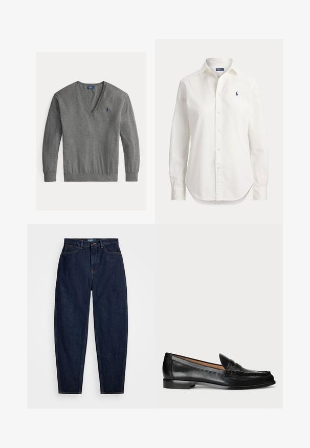 Grijze V-hals trui voor heren met lange mouwen en klein blauw geborduurd logo op de linkerborst.; Witte blouse met lange mouwen, knopen, kraag en klein blauw logo van een polospeler op de linkerborst.; Donkerblauwe denim jeans met een rechte pasvorm, voorzien van oranje stiksels, een sluiting met knoop aan de voorkant en vijf zakken.; Lauren Ralph Lauren WYNNIE - Instappers - black