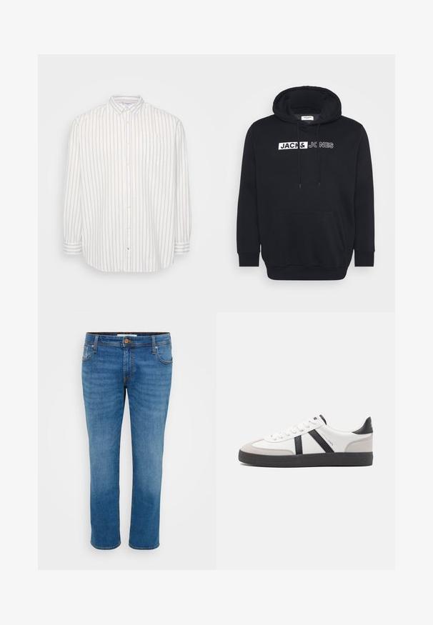 Schwarzer Hoodie aus Baumwollmischung, mit einer großen Fronttasche, Kordelzugkapuze und weißem Markenlogo auf der Brust.; Hemd mit Knopfleiste in Weiß und hellbeigen Streifen, lange Ärmel, Tasche auf der linken Brust, klassischer Kragen, leichtes Material.; Blaue Jeans aus Denim mit geradem Bein, fünf Taschen und Kontrastnähten. Verfügt über einen Knopfverschluss und Gürtelschlaufen entlang des Bundes.; Weiße Sneaker mit schwarz- und grau-aczenten, ausgestattet mit einer strukturierten grauen Zehenkappe, schwarzer Gummi-Sohle und flachen weißen Schnürsenkeln. Sauberes Design, minimalistische Stil.