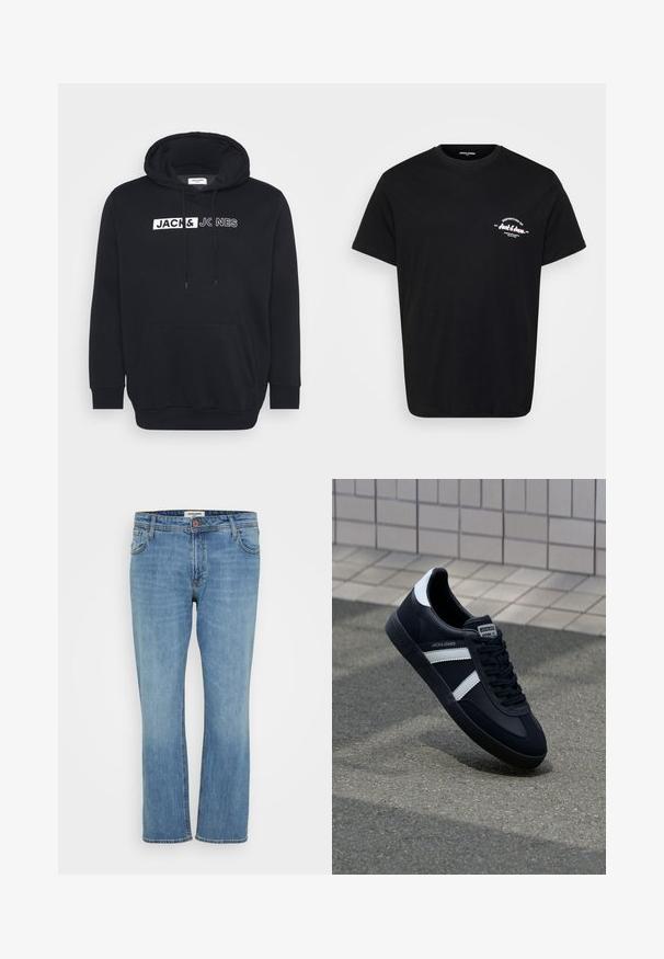 Sort hættetrøje lavet af en blanding af bomuld, med en stor frontlomme, justerbar hætte og hvidt mærketekst på brystet.; Sort bomulds-T-shirt med rund hals, korte ærmer og et hvidt trykt logo på venstre bryst. Klassisk pasform og glat tekstur.; Blå straight-leg denim jeans med knap- og lynlås, for- og baglommer samt synlig syning på hvid baggrund.; Sort lædersneaker med hvide striber, tekstureret gummisål og snørrebånd foran. Har et brandet mærke på tungen.