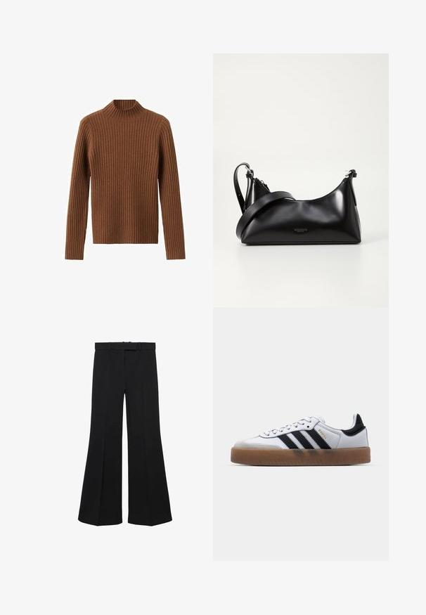Brun ribstrikket sweater med høj hals og lange ærmer. Teksturen er blød med ensartede lodrette striber over hele.; Sorte bredbenede bukser med høj talje, struktureret design og forreste indsnit. Fremstillet af et glat stof med en diskret taljebånd og bæltesløjfer.; Hvide lædersneakers med sorte striber, gummirubber sål, rund tå, snørelukning og blød grå ruskinds tåhætte.; Sort læderhåndtaske med en glat tekstur. Har en justerbar stropp og et enkelt, minimalistisk design med lynlås.