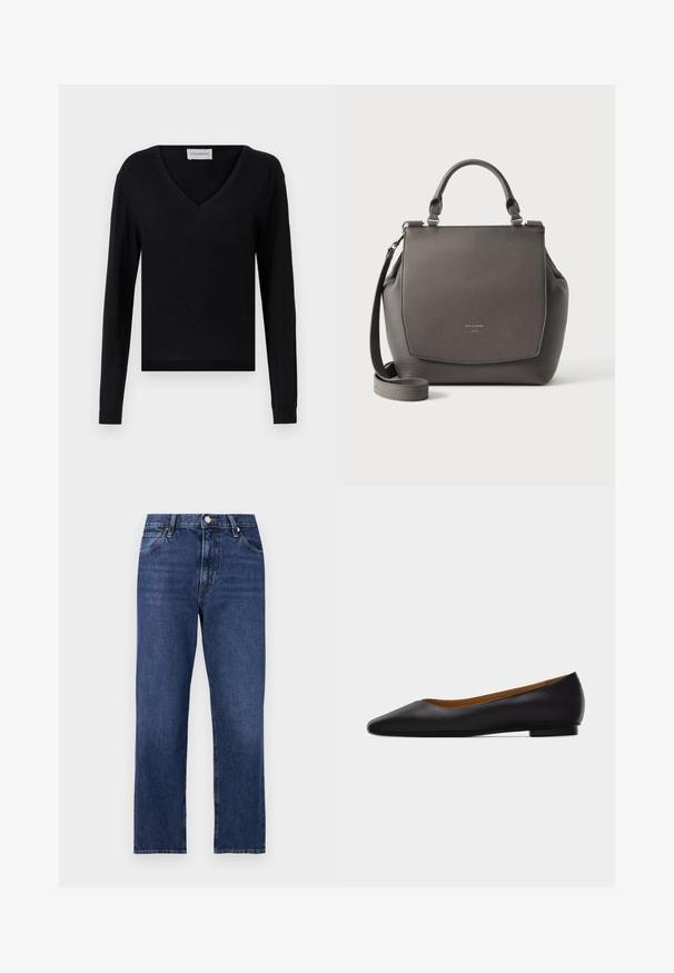 Sort langærmet sweater med V-hals-design. Fremstillet af blødt materiale, har en tætsiddende silhuet og ribbestrikkede manchetter og kant.; Denim jeans i en mørkeblå vask. Lige ben-design med fem-lomme stil, front lukning med knap og kontrasterende syning.; Sort læder flad sko med spids tå, lav hæl og glat finish, vist fra siden på en lysegrå baggrund.; Grå læderhåndtaske med topgreb og aftagelig skulderrem, med frontklap og diskret mærketekst på en ensfarvet baggrund.