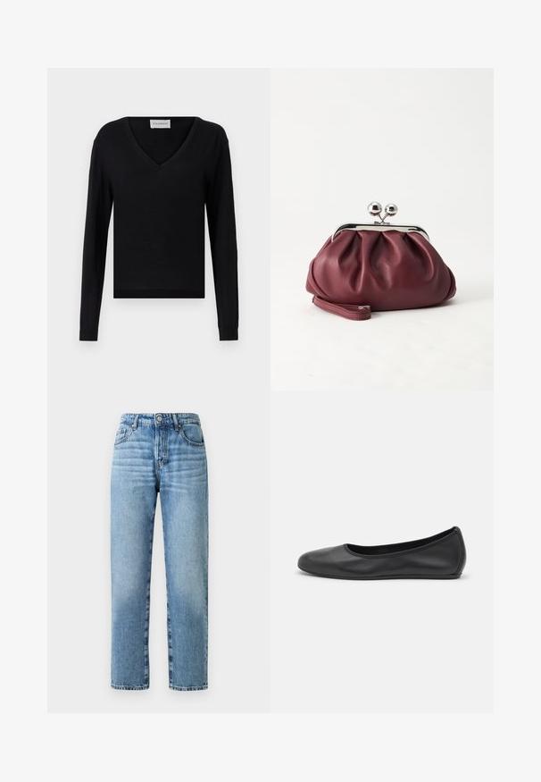 Sort langærmet sweater med V-hals-design. Fremstillet af blødt materiale, har en tætsiddende silhuet og ribbestrikkede manchetter og kant.; Lyst blå denimjeans med lige ben, synlige syninger, knaplukning og fem lommestil.; Sort læderballetsko med rund tå, glat tekstur, minimal syning og et fleksibelt såldesign.; Lille bordeauxlæder clutch-pung med sølv metal lukning og håndledsrem på hvid baggrund.