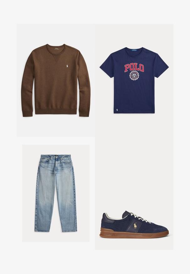 Brun sweatshirt lavet af blødt stof, med rund hals, ribstrikkede manchetter og en lille hvid polo-logo på venstre bryst.; Marineblå T-shirt med korte ærmer med rød "POLO" tekst og cirkulært Polo Ralph Lauren New York logo foran, lille hvid hestelogo nær kanten.; Lyseblå denimjeans med løs pasform. Har høj talje, fem lommer og synlige syninger. Overfladen er let tekstureret.; Mørkeblå lavtopsneaker med hvide snørebånd, brun sål og Polo-spiller logo på siden, set fra venstre.