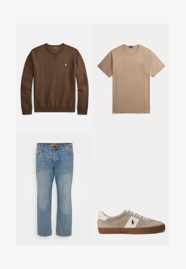 Braunes Sweatshirt aus weichem Stoff mit Rundhalsausschnitt, gerippten Bündchen und kleinem weißem Polo-Logo auf der linken Brust.; Beiges T-Shirt mit kurzen Ärmeln und Rundhalsausschnitt mit kleinem besticktem Polo Ralph Lauren-Logo auf der linken Brust.; Hellblaue Denim-Jeans mit geradem Bein, ausgestattet mit fünf Taschen, einem Knopfverschluss und einem orangefarbigen Markenschild am Bund.; Beiger Wildleder-Sneaker mit niedrigem Schaft, weißen Schnürsenkeln, weißem Lederakzent mit schwarzem Pferdelogo und brauner Gummisohle.