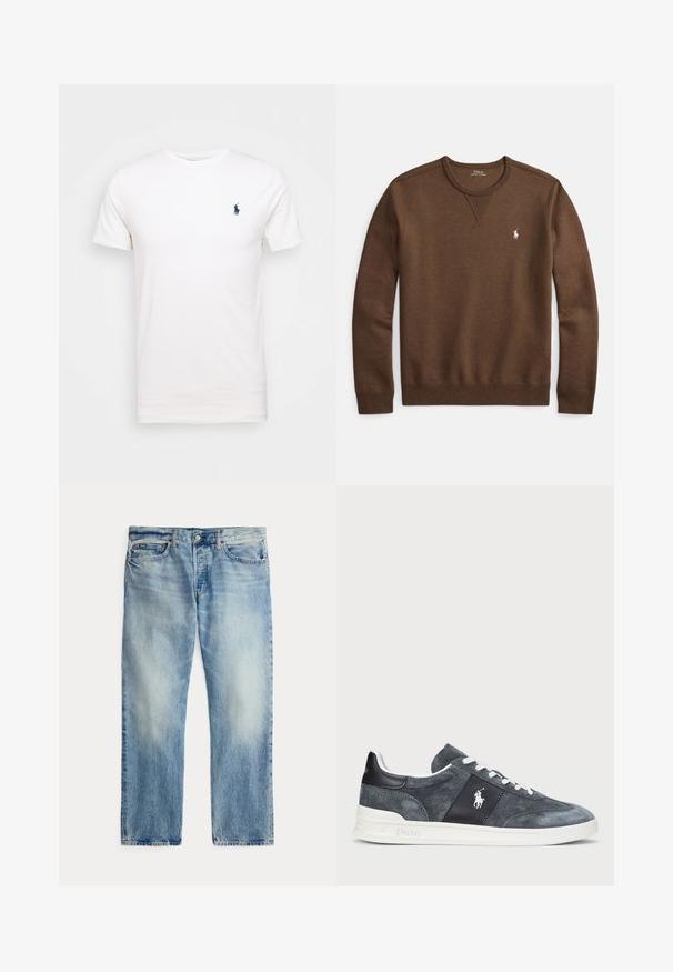 Braunes Sweatshirt aus weichem Stoff mit Rundhalsausschnitt, gerippten Bündchen und kleinem weißem Polo-Logo auf der linken Brust.; Weißes Baumwoll-T-Shirt mit Rundhalsausschnitt. Mit einem kleinen dunkelblauen Logo auf der linken Brust. Kurze Ärmel, glatte Textur.; Hellblaue gerade geschnittene Jeans aus Denim mit Vordertaschen und Knopfleiste, flach auf weißem Hintergrund liegend.; Graue Wildledersneaker mit weißen Schnürsenkeln, einem dunklen Einsatz mit Logo und einer weißen Gummisohle. Abgerundete Zehenpartie mit genähten Details.