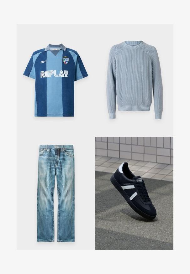 Suéter de punto acanalado azul claro con cuello redondo, mangas raglán y un acabado texturizado. Presenta un dobladillo y puños ajustados.; Jersey inspirado en denim con manga corta, que presenta un diseño de rayas en azul oscuro y azul claro, cuello en V y el logotipo "REPLAY" destacado.; Vaqueros de mezclilla azul claro deslavados con corte recto, bolsillos frontales, trabillas para cinturón y cierre de botón.; Zapatilla de cuero negra con rayas blancas, suela de goma texturizada y parte frontal con cordones. Cuenta con una etiqueta de marca en la lengüeta.
