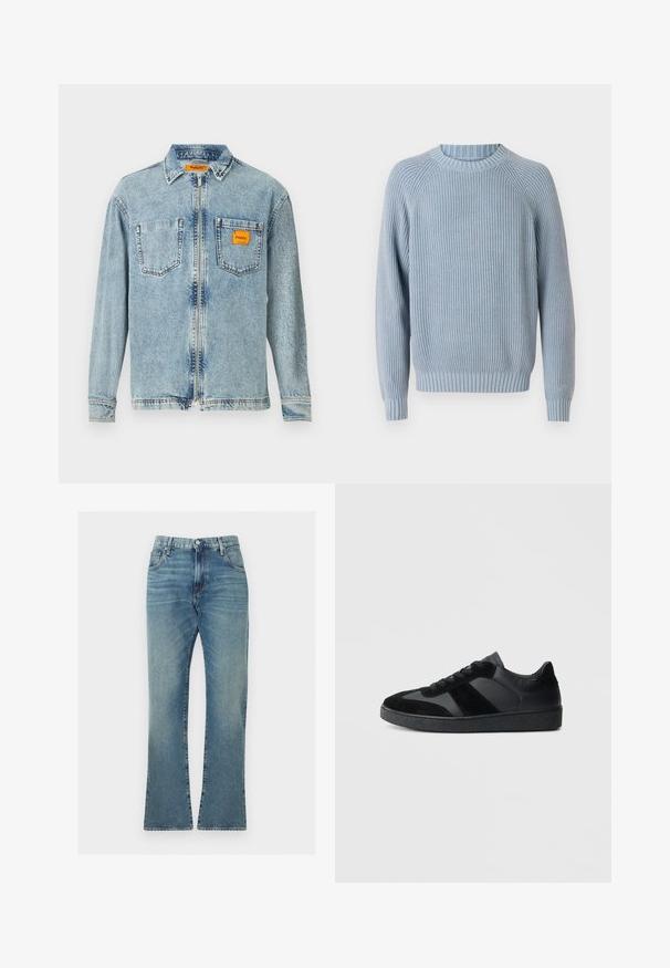Lichtblauwe geribde gebreide trui met een ronde hals, raglanmouwen en een textuurafwerking. Heeft een aansluitende zoom en manchetten.; Lichtblauwe denim jas met een volledige rits aan de voorkant, twee borstzakken en een klein oranje Replay Inc. label op de rechterzak en de kraag.; Blauwe denim jeans met een klassiek ontwerp met vijf zakken, knoop- en ritssluiting, rechte pijpen en subtiele vervaging op dijen en knieën.; Zwarte sneakers met een mix van glad leer en suède, een gestructureerde zwarte rubberen zool en subtiele streepdetails.