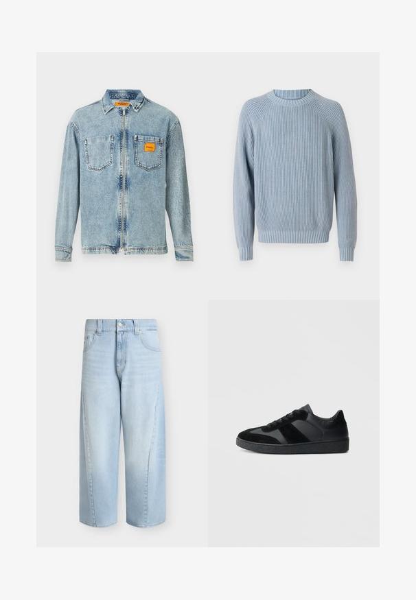 Heled sinine ribakudumistest kootud sviiter, millel on ümar kaelus, raglanvarrukad ja tekstureeritud pind. Omab liibuvat äärist ja mansette.; Helefrontse lukuga helesinine denim jakker, kahe rindkere taskuga ja väikese oranži Replay Inc. etiketi avaga paremas taskus ja kraes.; Hele sinised teksapüksid laiade säärtega, esiosal taskud, vööaugud, nööpidega kinnitamine ja lühendatud pikkus.; Mustad vabaajajalatsid, mis on valmistatud siledast nahast ja seemisnahast, tekstuurse musta kummist tallaga ning peene triibulise detailiga.