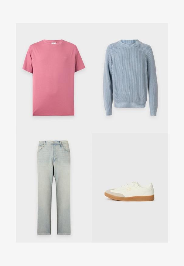 Pull en tricot côtelé bleu clair avec un col rond, des manches raglan et une finition texturée. Il présente un ourlet et des poignets ajustés.; T-shirt rose uni en coton à manches courtes avec col rond et logo discret sur la poitrine gauche, présenté sur un fond blanc.; Jean en denim bleu clair à coupe droite, avec poches avant, passants pour ceinture et une légère décoloration sur le tissu.; Baskets en cuir blanc avec une coque beige et une semelle en caoutchouc marron clair. Dotées de lacets blancs plats et d'un logo embossé sur le côté.