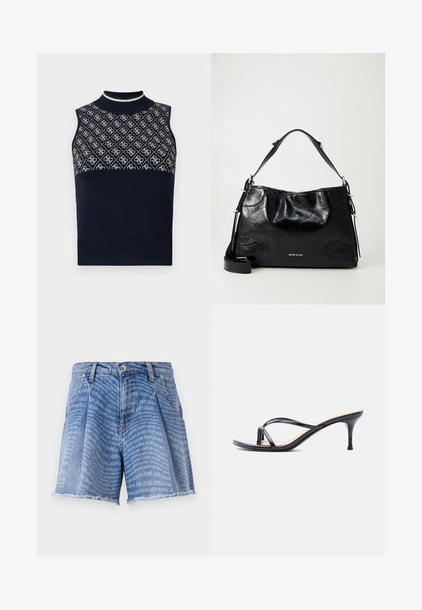 Navy ærmeløs top med høj hals, der har en tekstureret mønstret øverste sektion i hvid og en ensfarvet navy nederste sektion.; Lysblå denimshorts med en falmet vask, der har et gentaget "JOOP! JEANS" print over det hele. Den frynsede kant tilføjer tekstur.; Sort laklædersandal med hæl, tynde krydsede remme og en slank mellemhøj stilethæl på en hvid baggrund.; Sorte, blanklæder skuldertaske med en kort håndtag, justerbar lang rem og sølvfarvet mærke "JOOP! JEANS" på forsiden.