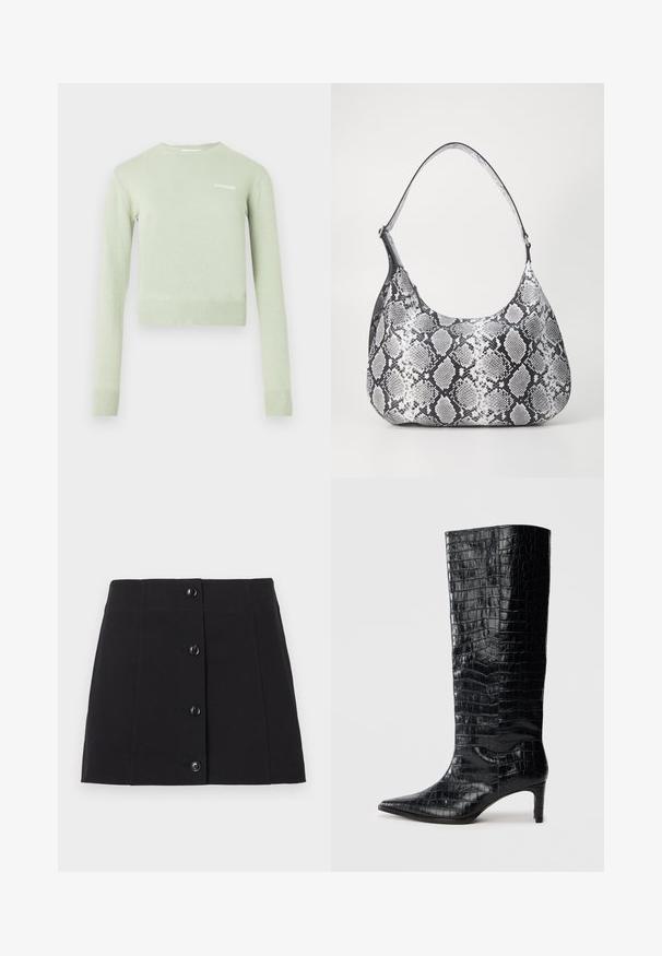 Pull-over vert clair, doté d'un col et de poignets côtelés. Coupe courte et ajustée avec un petit logo blanc sur la poitrine.; Mini-jupe boutonnée noire en coton, avec une coupe droite, six boutons noirs sur le devant, et une texture lisse.; Bottes noires montantes, avec une texture brillante à motif crocodile, bout pointu et talon effilé. Matériau synthétique lisse.; Sac à épaule en simili cuir noir et blanc avec imprimé serpent, de forme arrondie, texture lisse et bandoulière incurvée. Présente un accent en matériel argenté.