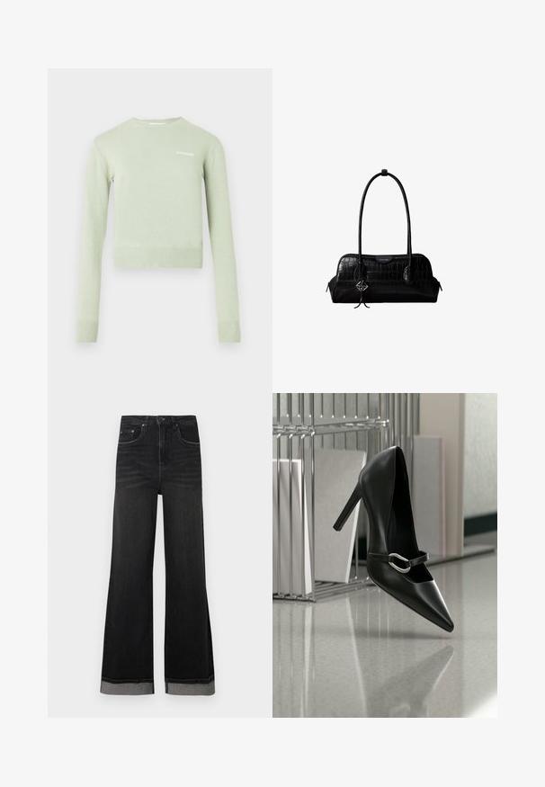 Pull-over vert clair, doté d'un col et de poignets côtelés. Coupe courte et ajustée avec un petit logo blanc sur la poitrine.; Jean en denim noir flare à taille haute, avec cinq poches et une couture contrastante. Les ourlets sont repliés avec un détail gris.; Chaussure à talon haut noire pointue avec une bride à boucle argentée, placée sur une surface réfléchissante près d’un organiseur métallique contenant des papiers.; Sac à épaule en cuir noir à texture crocodile, avec de longues sangles et un petit charm logo argenté sur une sangle.