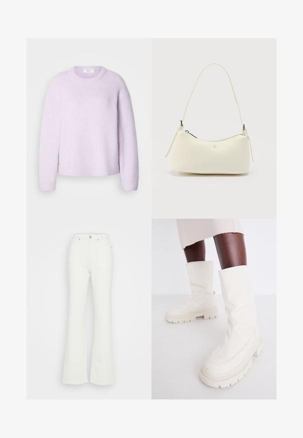 Pull violet clair avec un col rond, une texture douce, et des poignets et ourlet côtelés ; présente une coupe décontractée et des épaules légèrement tombantes.; Jean évasés blancs en denim de coton, avec une taille haute, une fermeture à boutons et quatre poches, offrant une texture lisse.; Bottines blanches à la cheville avec une finition douce et texturée, dotées d'une semelle en caoutchouc épaisse et d'une forme sculptée pour un design moderne.; Petit sac à main en cuir blanc texturé avec une fermeture éclair incurvée sur le dessus, une bandoulière unique, et un logo métallique minimaliste au centre avant.
