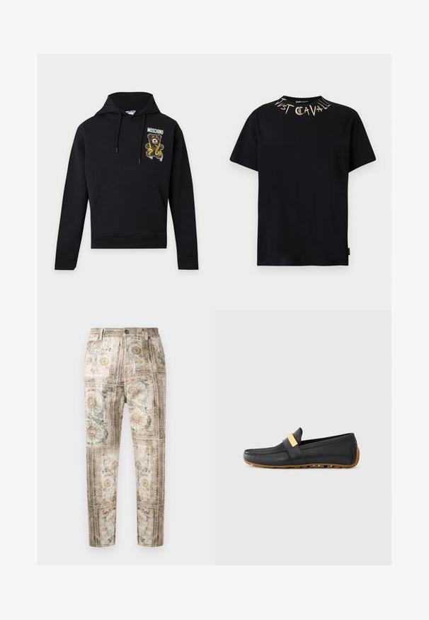 Sweat à capuche noir avec poche avant et cordons, avec un ours en peluche tenant un mètre ruban jaune et le texte "Moschino" sur la poitrine.; T-shirt noir à manches courtes avec col rond présentant un texte beige "Just Cavalli" en police stylisée autour du col.; Pantalon à jambes droites avec un imprimé vintage complexe représentant des soleils, des fleurs et des motifs ornementaux dans des tons doux.; Des mocassins en cuir noir avec une bande d'accent métal doré, un bout arrondi et une semelle en caoutchouc avec un texture à nervures et des détails de grip.