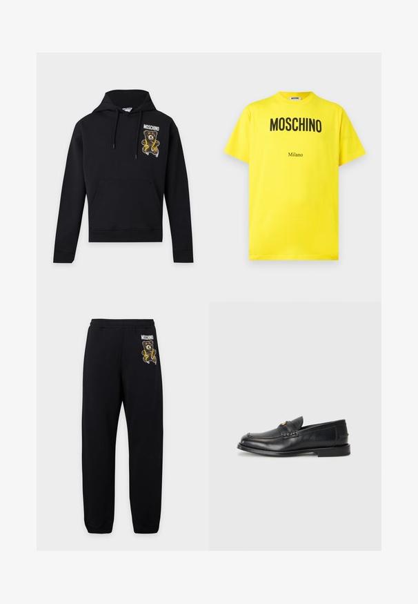 Sort hættetrøje med forlommer og snore, med en bamse, der holder et gult målebånd og teksten "Moschino" på brystet.; Gul bomuld T-shirt med sort "Moschino"-logo og "Milano"-tekst, rund hals, korte ærmer og en afslappet pasform.; Sorte joggingbukser med elastisk talje, med en lille bamse og "Moschino" logo på venstre lår.; Sorte læder loafers har en afrundet tå, syede detaljer og en lille gylden accent foran. Sålen er flad og diskret.