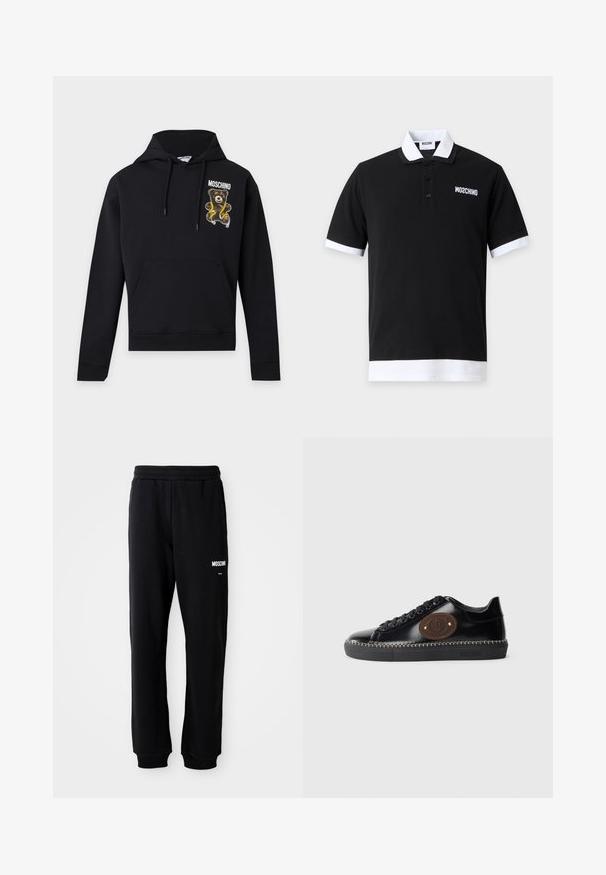 Must kapuutsiga dressipluus ees tasku ja nöörid, millel on kollast mõõdulinti hoidev kaisukaruke ja rindkere peal tekst "Moschino".; Must polo-särk valge krae, varrukaservade ja äärega, rinnal väike valge Moschino logo.; Mustad mustad, lõdva lõikega, pehmest kangast. Omab elastset vöökohta ja valget "Moschino" logo vasakul reiel.; Must värviline nahast toss musta läikiva viimistlusega, ümmarguse ninaga, pruuni naha logoplaadiga, mustade paeltega ning kontrastsete õmblustega tallal.