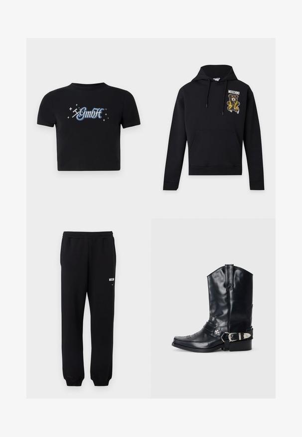Čierna mikina s kapucňou, predným vreckom a šnúrkami, s medvedíkom držiacim žltý meter a textom "Moschino" na hrudi.; Čierny skrátený tričko z bavlny s okrúhlym výstrihom, na prednej strane s modro-bielym logom "GmbH" obklopeným malými hviezdami.; Čierne tepláky s elastickým pásom a manžetami, s malým bielym logom "Moschino" na hornej ľavej stehne.; Čierne kožené kovbojské topánky s špicatou špičkou, vysokým zvrškom, dekoratívnym prešívaním a striebornými sponami na remeni. Štruktúrovaný povrch.