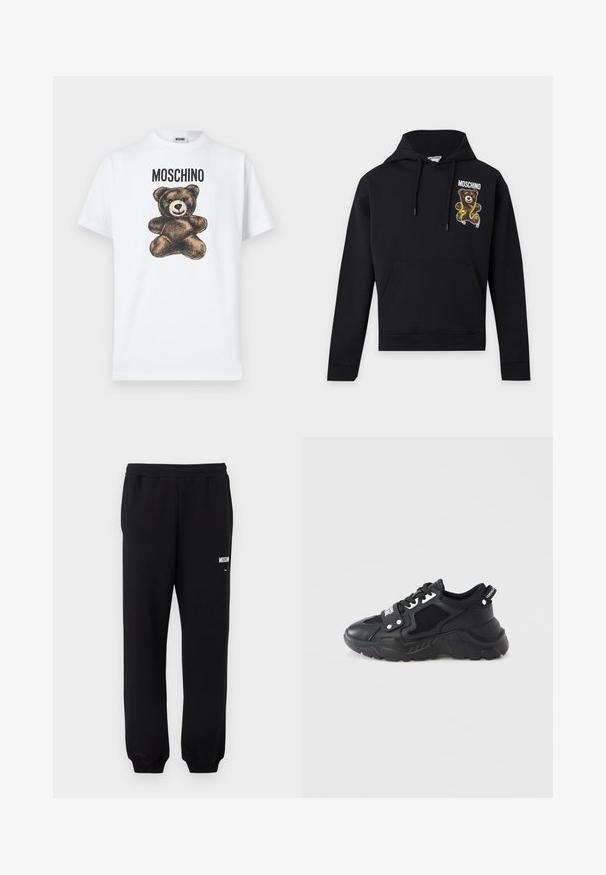 Sweat à capuche noir avec poche avant et cordons, avec un ours en peluche tenant un mètre ruban jaune et le texte "Moschino" sur la poitrine.; T-shirt en coton blanc avec un graphisme d'un ours en peluche marron aux grands yeux et bouche cousue, étiqueté "MOSCHINO" en texte noir gras.; Pantalon de survêtement noir avec taille et poignets élastiques, présentant un petit logo "Moschino" blanc sur la partie supérieure de la cuisse gauche.; Baskets noires à semelle épaisse, avec des panneaux en mesh et des accents en cuir. Comprennent des lacets blancs et un logo sur le côté.
