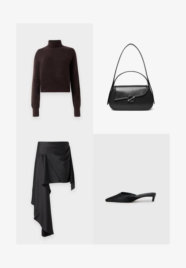 Brauner Rollkragenpullover, verkürztes Design, aus weichem strukturiertem Material, hat lange Ärmel und gerippte Bündchen.; Schwarzer Wickelrock aus glattem, leichtem Stoff. Verfügt über einen asymmetrischen Saum und Raffungen an der Taille für eine fließende Silhouette.; Schwarze Wildleder-Mules mit spitzer Zehenform und niedrigem Absatz. Verfügen über eine glatte Textur und einen offenen Rücken für bequemes Tragen. Einfaches Design ohne Muster.; Schwarze Lederschultertasche mit einer geschwungenen Klappe, die durch einen runden Metallverschluss gesichert ist, und einem schlanken, verstellbaren Riemen.