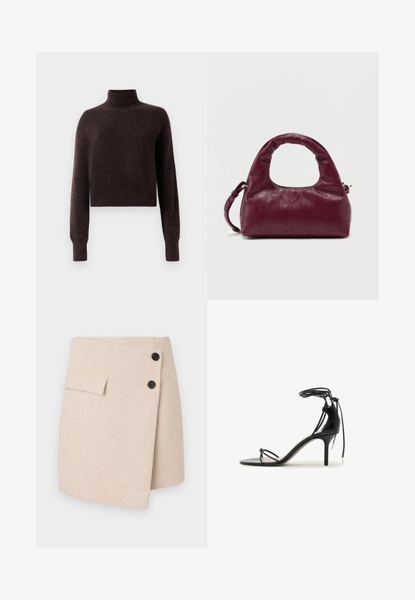 Brun rullekrave sweater, cropped design, lavet af blødt struktureret materiale, har lange ærmer og ribbede manchetter.; Beige indpakningsskørt i et tekstureret stof, med en sidelomme, to sorte knapper og en let buet kant.; Sort højhælet sandal med tynde remme, ankelbind og en mellem-høj stilethæl på en hvid baggrund.; Bordeaux læderhandtaske med et afrundet håndtag, prægede diamantmønster, aftagelig skulderrem og diskret gyldent hardware-accents.
