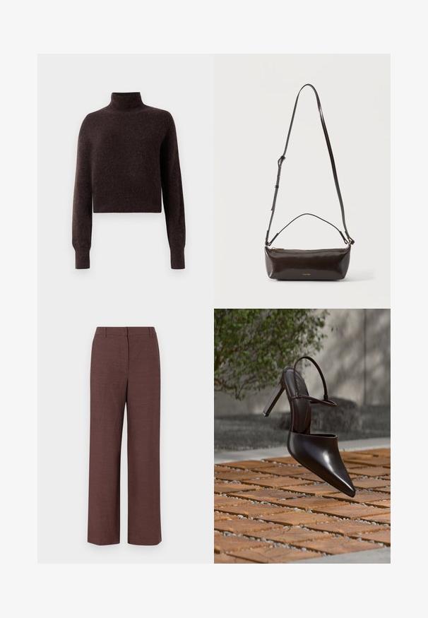 Brun rullekrave sweater, cropped design, lavet af blødt struktureret materiale, har lange ærmer og ribbede manchetter.; Brune bredbensbukser lavet af tekstureret stof med en glat finish, med flad front, bæltesløjfer og sidelommer.; Blank højhælet mule med spids tå og ankelrem, svævende over en terracottaflisebelagt overflade med grusfyldte mellemrum.; Lille blank mørkebrun læder skuldertaske med justerbar rem, top håndtag og gyldent lynlås lukning.