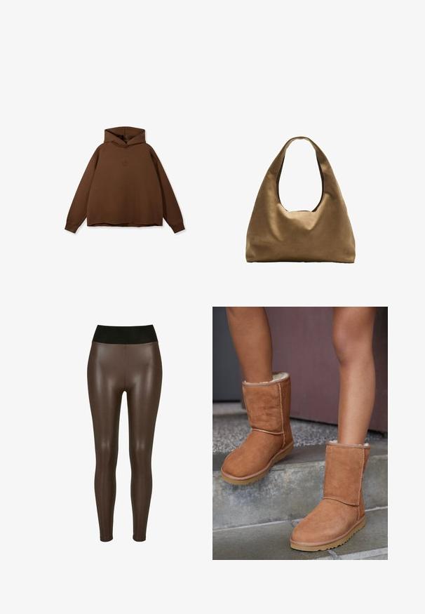 Brauner Kapuzenpullover mit langen Ärmeln, kleinem mittigem Logo, lockerem Schnitt und gerippten Bündchen, vor weißem Hintergrund dargestellt.; Braune leggings aus Kunstleder mit einem hohen schwarzen Bund, die eine glatte, glänzende Oberfläche und ein eng anliegendes Design bis zum Knöchel aufweisen.; Braune Wildleder-Stiefeletten mit runder Spitze, weicher Innenausstattung und Gummisohle, die über sichtbare Nähte entlang der Nähte verfügen.; Braune Stoffschultertasche mit einem breiten, runden Körper und einem großen Ausschnittgriff. Sanfte Textur, minimalistisches Design und keine sichtbaren Beschläge.