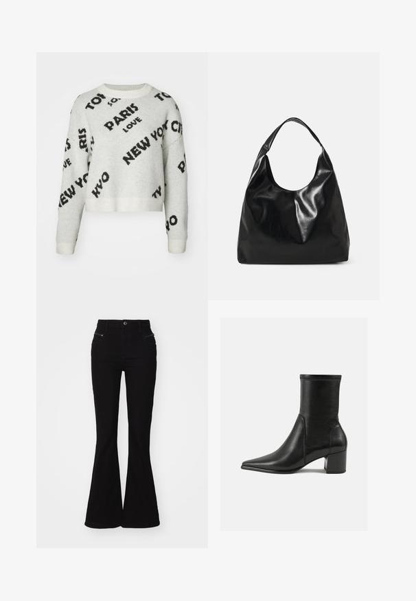 Witte cropped sweater met zwart tekstontwerp "PARIS," "NEW YORK," en "LOVE," met een ronde halslijn en geribbelde manchetten. Zachte textuur.; Zwarte flared jeans met een hoge taille, voorzien van zijzakken en ritssluitingen. Gemaakt van denim met een gladde textuur.; Zwarte enkelboot van soepel leer, met een spitse neus, een blokhak en duidelijke verhoogde stiksels aan de bovenrand.; Zwarte leren hobo tas met een zachte, glanzende textuur en een ronde, open bovenkant. Voorzien van een brede, gebogen schouderband om te dragen. Geen zichtbare hardware.