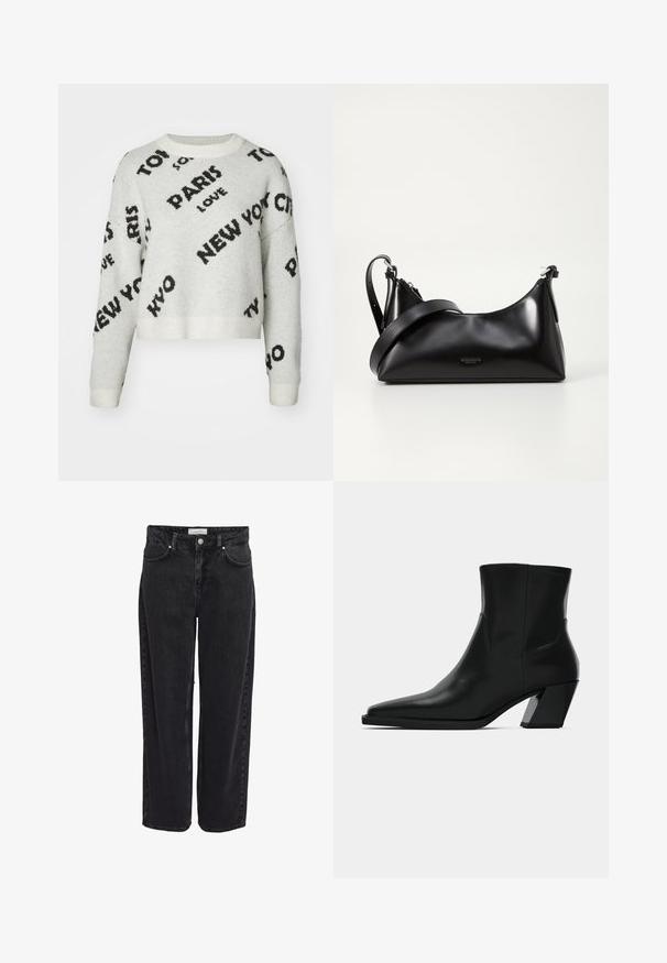 Witte cropped sweater met zwart tekstontwerp "PARIS," "NEW YORK," en "LOVE," met een ronde halslijn en geribbelde manchetten. Zachte textuur.; Zwarte denim wijde pijpen jeans met een hoge taille, vijfzakkenontwerp en ritssluiting. Soepele textuur met minimale zichtbare stiksel details.; Zwarte leren enkelboot met een spitse neus, een slanke silhoeet en een chunky vierkante hak. Gladde textuur met minimale stikdetails.; Zwarte leren handtas met een gladde textuur. Beschikt over een verstelbare schouderband en een strak, minimalistisch ontwerp met een ritssluiting.