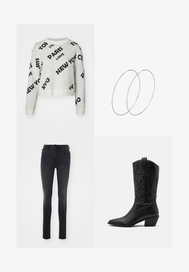 Hvid cropped striktrøje med sorte tekstgrafikker "PARIS," "NEW YORK," og "LOVE," med rund halsudskæring og ribbede manchetter. Blød tekstur.; Slankt fit sorte jeans lavet af denim, med høj talje, fem-lomme design, subtil falmning og lige silhuet.; Sorte læder cowboystøvler med spids tå, præget svungen mønster og en mid-højde hæl. Har en trækflap for nemt at tage på.; Sølvøreringe med et minimalistisk design. Cirkulær form, glat tekstur og tynd profil. Letvægtige med en poleret overflade.