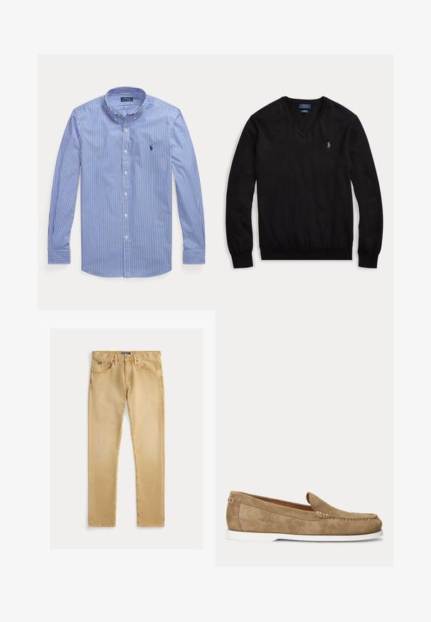 Pull noir à manches longues col en V avec un petit logo blanc brodé sur le côté gauche de la poitrine et des poignets et un ourlet côtelés.; Chemise à manches longues rayée verticale bleu et blanc, à boutons, col boutonné, avec le logo Polo Ralph Lauren sur la poitrine.; Jeans en coton beige avec une coupe slim, conception à cinq poches et coutures visibles. Comprend un bouton en métal et une étiquette sur la taille.; Mocassin en daim marron clair style mocassin avec semelle blanche et coutures visibles le long du bout et des côtés, présenté en profil latéral.