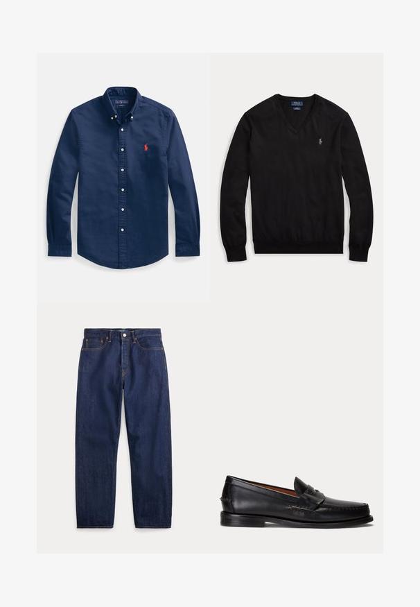 Zwarte trui met lange mouwen en V-hals, met een klein wit geborduurd logo op de linkerborst en geribde boorden en zoom.; Marineblauw katoenen overhemd met knopen, voorzien van een puntige kraag, lange mouwen en een klein rood geborduurd logo op de borst.; Donkerblauwe denim jeans met rechte pijpen, vijf zakken, knoopsluiting en zichtbare stiksels.; Zwarte leren loafer met lage hak en penny-strap detail, van opzij getoond op een lichtgrijze achtergrond.