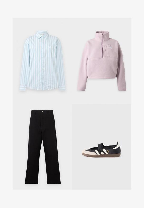 Pull en polaire violet clair avec manches longues, col montant, fermeture éclair quart et poche poitrine avec le logo The North Face.; Chemise à manches longues à rayures verticales bleu clair et blanches, avec une poche poitrine et un col classique.; Pantalon en coton noir avec une coupe droite, doté d'une fermeture à boutons sur le devant, de passants pour ceinture et d'une poche latérale. Texture lisse.; Baskets noires et beiges avec une bride en velcro, trois bandes blanches sur le côté, et une semelle en caoutchouc marron texturée. Logo de la marque visible.