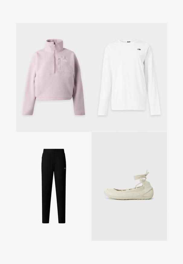Lyse lilla fleece-pullover med lange ærmer, opretstående krave, kvart lynlås og brystlomme med The North Face-logo.; Hvid langærmet T-shirt med rund hals og lille sort The North Face-logo på venstre bryst.; The North Face W QUEST SOFTSHELL PANTS - Bukser - tnf black; Lys beige ballet flats med rund tå, snørebånd om anklen, struktureret overflade og fleksibel såldesign. Velegnet til hverdag.