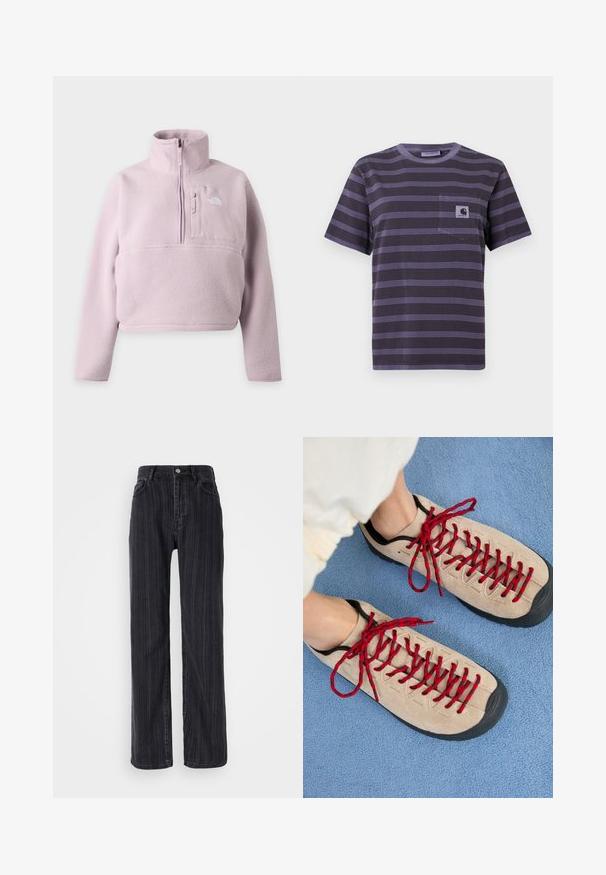 Lichtpaarse fleece trui met lange mouwen, opstaande kraag, kwart rits en borstzak met The North Face-logo.; Paarse gestreepte t-shirt met een zak op de linkerkant van de borst, voorzien van horizontale zwarte strepen. Zacht stof, korte mouwen, ronde hals.; Hoge taille zwarte denim jeans met een verticale streepjespatroon, rechte pasvorm en een metalen knoopsluiting aan de voorkant.; Beige schoenen met rode veters, geplaatst op een blauwe, gestructureerde ondergrond, onthullen gedeeltelijk de enkel van een persoon. De schoenen hebben een sportief ontwerp.