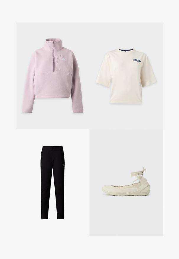 Hellvioletter Fleece-Pullover mit langen Ärmeln, Stehkragen, Viertel-Reißverschluss und Brusttasche mit The North Face-Logo.; Weißes T-Shirt mit kurzen Ärmeln und kleinem blauem The North Face Logo auf der linken oberen Brust.; The North Face W QUEST SOFTSHELL PANTS - Stoffhose - tnf black; Hellbeige Ballettschuhe mit runder Zehenpartie, Schnürung am Knöchel, strukturiertem Obermaterial und flexibler Sohle. Eignet sich für die Freizeit.