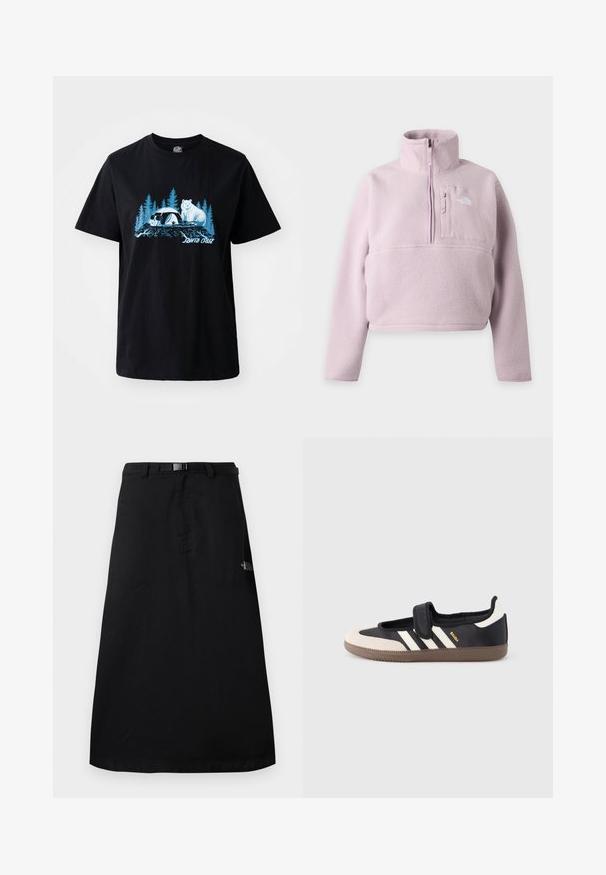 Hellvioletter Fleece-Pullover mit langen Ärmeln, Stehkragen, Viertel-Reißverschluss und Brusttasche mit The North Face-Logo.; Schwarzes Baumwoll-T-Shirt mit einem blauen Grafikdruck eines Bären und eines Pandas vor einem Hintergrund mit Bäumen. Kurzärmlig und mit rundem Ausschnitt.; Schwarzer Midirock mit verstellbarem Taillengürtel und The North Face-Logo auf der rechten Seite.; Schwarzer und beiger Sneaker mit Klettverschluss, drei weißen Streifen an der Seite und einer strukturierten braunen Gummisohle. Markenlogo sichtbar.