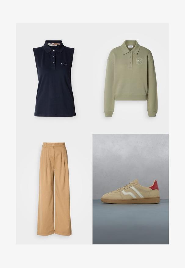 Polo sweatshirt court en vert olive avec des manches longues, deux boutons et un logo brodé rond sur la poitrine. Texture de tissu douce.; Polo sans manches bleu marine avec trois boutons, col plié et logo Barbour sur la poitrine gauche, sur fond blanc.; Pantalons à jambe large en coton beige, avec des plis à la taille, une taille haute et une texture lisse. Pas de matériel visible ni de motifs.; Baskets en daim beige avec un accent rouge au talon, des bandes blanches et une semelle en caoutchouc texturée beige clair. Muni de lacets et d'un intérieur lisse.