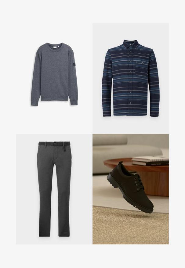 Sweatshirt gris à manches longues en tissu texturé, avec col rond et poignets côtelés. Présente un design minimaliste sans embellissements.; Chemise à manches longues avec un fond navy et des rayures horizontales bleues variées, un col et une poche sur la poitrine. Texture de tissu douce.; Pantalons gris foncé en tissu texturé, dotés d'une ceinture noire, de passants de ceinture et de deux poches latérales. Design à jambe droite, sans motifs visibles.; Chaussure noire en cuir à lacets avec semelle épaisse flottant au-dessus d'un tapis beige dans un salon minimaliste.