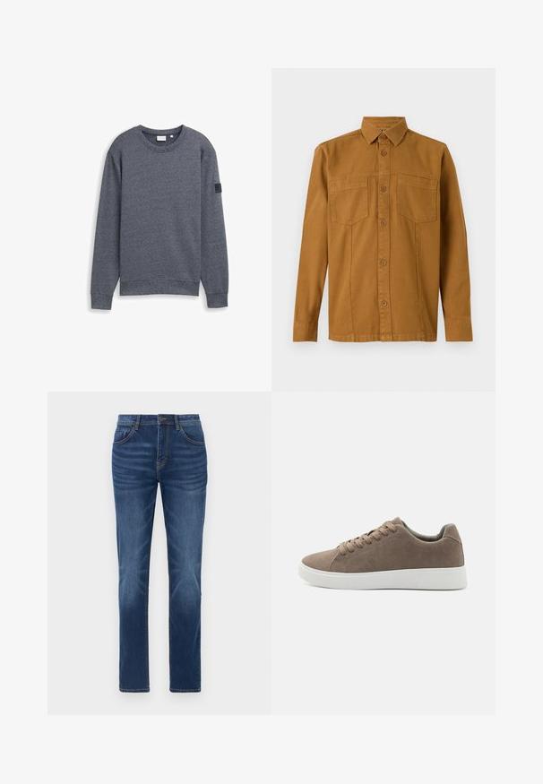 Grauer Langarm-Sweatshirt aus strukturiertem Stoff mit Rundhalsausschnitt und gerippten Bündchen. Verfügt über ein minimalistisches Design ohne Verzierungen.; TOM TAILOR Hemd - deep cognac; Dunkelblaue Denim-Jeans mit klassischem gerade geschnittenem Schnitt, Fünf-Taschen-Design und leichtem Verblassen an den Beinen. Mit Knopf- und Reißverschluss.; Braune Wildledersneaker mit flachen weißen Gummisohlen, Schnürdesign, abgerundete Zehen und einer glatten Textur. Minimalistischer Stil mit dezenten Nähdetails.