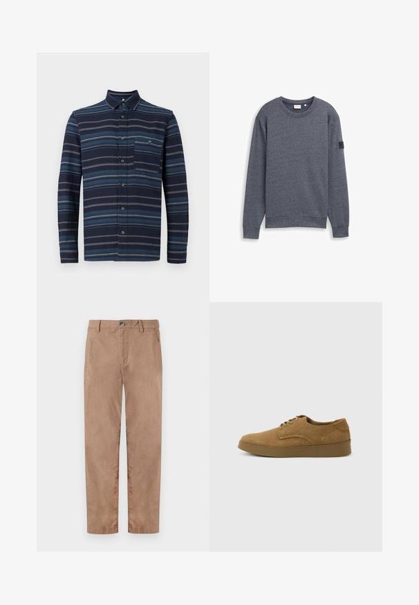 Grå langærmet sweatshirt lavet af tekstureret stof med rund hals og ribbede manchetter. Har et minimalistisk design uden udsmykninger.; Langærmet skjorte med knapper, der har en marineblå baggrund med varierende blå vandrette striber, en krave og en brystlomme. Blød tekstur.; TOM TAILOR REGULAR WASHED - Chino - caribou beige; Brun ruskindslærredsko med snørebånd og flad gummisål, set fra siden på en ensfarvet lys baggrund.
