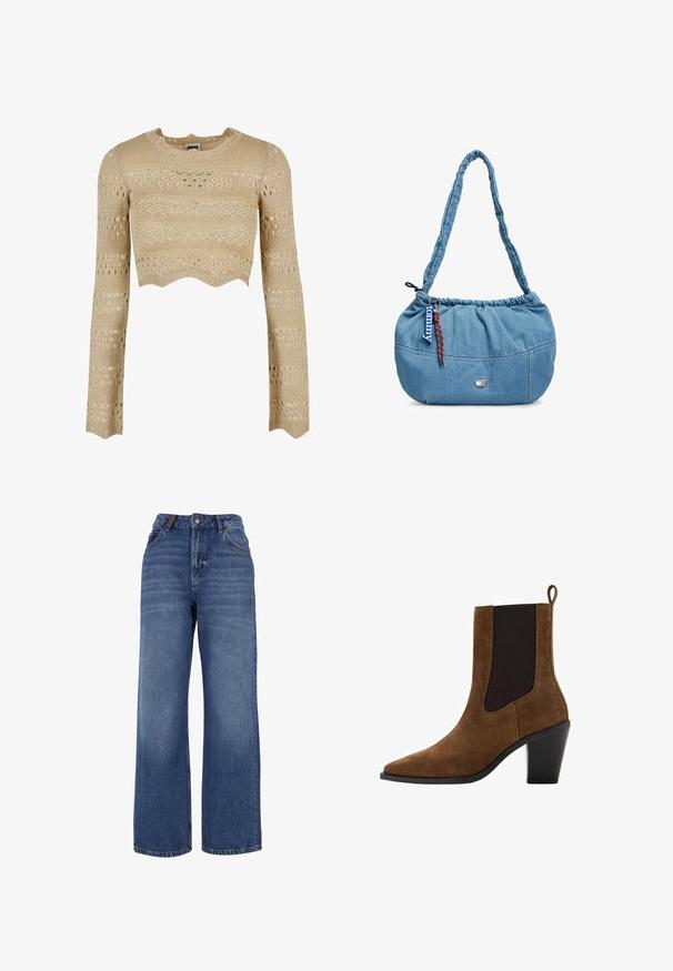 Top corto de punto beige con mangas largas, que presenta un dobladillo en forma de ondas, patrones texturizados y detalles de calado en toda la prenda.; Pantalones vaqueros de pierna ancha hechos de tejido de algodón azul de peso medio. Presentan un diseño clásico de cinco bolsillos y una cremallera con cierre de botón.; Botín marrón de ante con punta puntiaguda, paneles laterales elásticos y tacón de bloque. Cuenta con una lengüeta en la parte trasera para facilitar su uso.; Bolso de hombro de mezclilla azul con parte superior fruncida, asa ajustable, pequeño logo de Tommy Hilfiger y tirador de cremallera con la marca en rojo y azul.