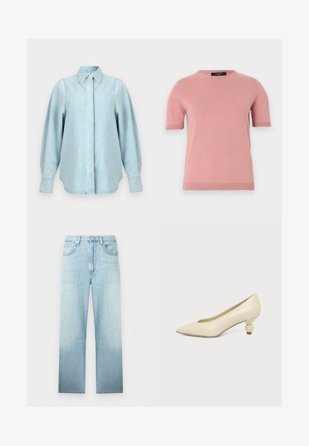 Pull tricoté rose pâle à manches courtes avec col rond et poignets et ourlet côtelés, présenté sur un fond uni clair.; Chemise en denim bleu clair avec manches longues bouffantes, col pointu, poignets boutonnés et patte de boutonnage cachée à l'avant.; Jean en denim bleu clair à jambes droites, taille haute, bouton et fermeture éclair à l’avant, avec coutures visibles aux genoux.; Chaussure femme couleur crème à bout pointu avec un petit talon rond en forme de boule, sur fond uni.