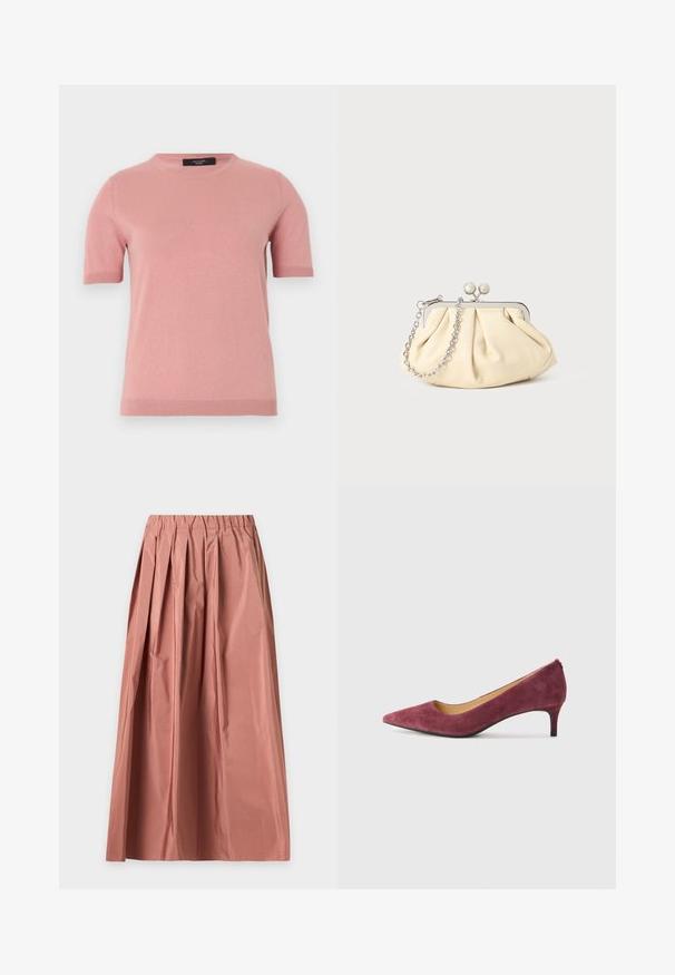 Pull tricoté rose pâle à manches courtes avec col rond et poignets et ourlet côtelés, présenté sur un fond uni clair.; Longue jupe rose poudré avec plis, taille élastique et tissu léger, présentée à plat sur un fond clair.; Pompe à talon haut en daim bordeaux avec un bout pointu, un talon bas et une doublure intérieure lisse. Extérieur texturé et design élégant et classique.; Pochette en cuir beige plissé avec un cadre en métal argenté, dotée de deux fermoirs ronds décoratifs et d'une chaîne en argent.