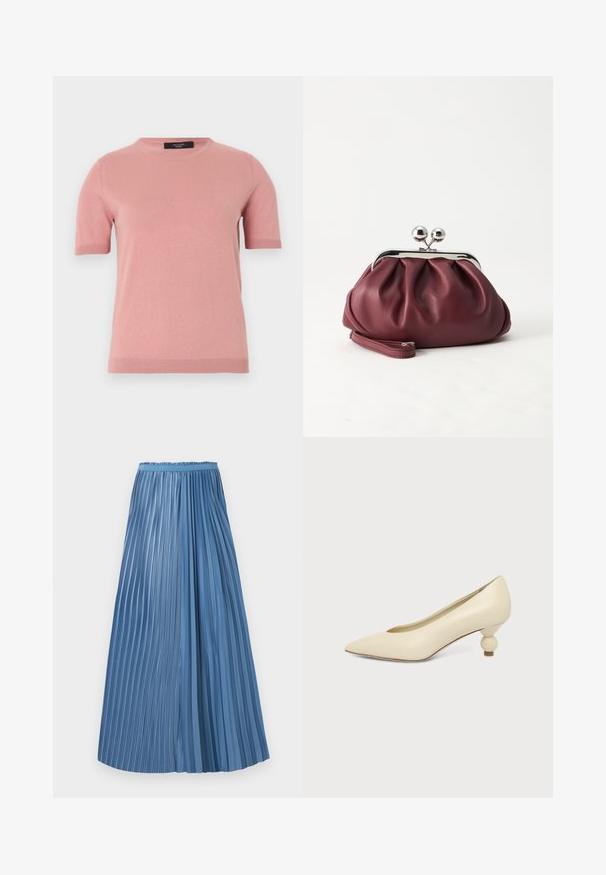 Pull tricoté rose pâle à manches courtes avec col rond et poignets et ourlet côtelés, présenté sur un fond uni clair.; Jupe plissée bleu longueur cheville avec des plis de largeurs inégales et une ceinture ajustée sur fond blanc.; Chaussure femme couleur crème à bout pointu avec un petit talon rond en forme de boule, sur fond uni.; Petit sac pochette en cuir bordeaux avec fermoir métallique argenté et bracelet sur fond blanc.