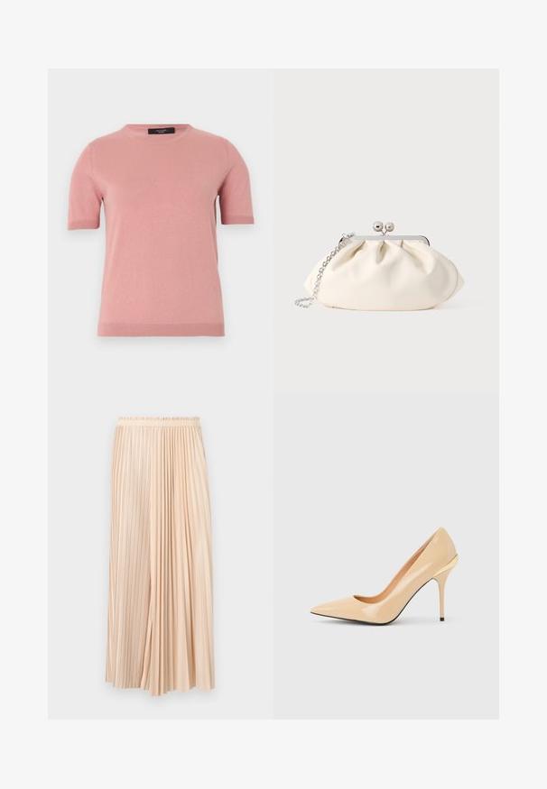 Pull tricoté rose pâle à manches courtes avec col rond et poignets et ourlet côtelés, présenté sur un fond uni clair.; Jupe midi plissée bicolore beige avec ceinture élastique, combinant des plis fins et larges pour un look fluide et texturé.; Escarpin à talon haut en cuir verni beige avec bout pointu et talon aiguille fin, orné d'un petit accent doré à l'arrière.; Pochette en tissu crème avec un design froncé, cadre en métal argenté, deux boules décoratives, et une bandoulière chaîne argentée.